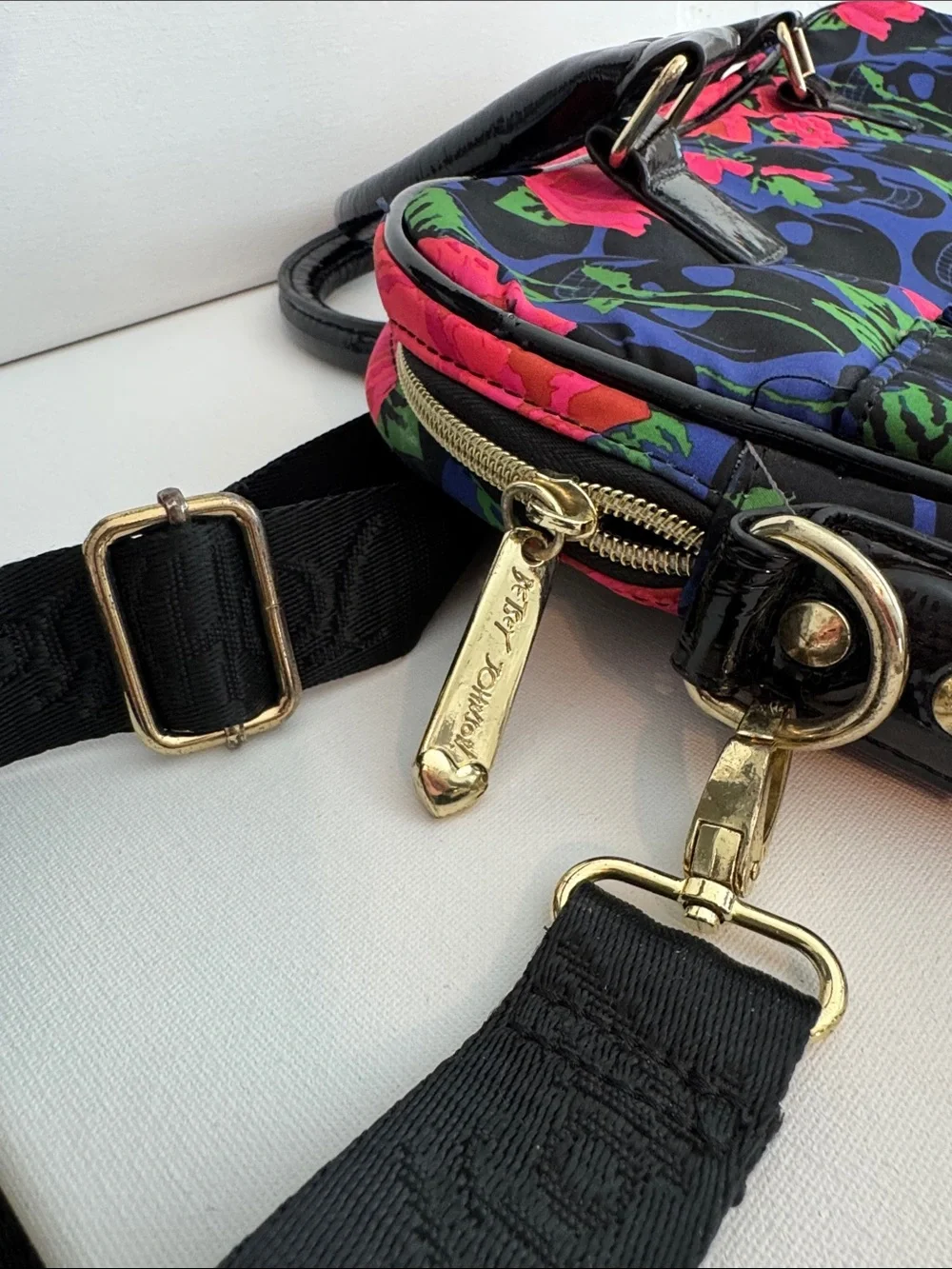 Betsey Johnson Blue Floral Skull Laptop Bag with Pink and Green Accents